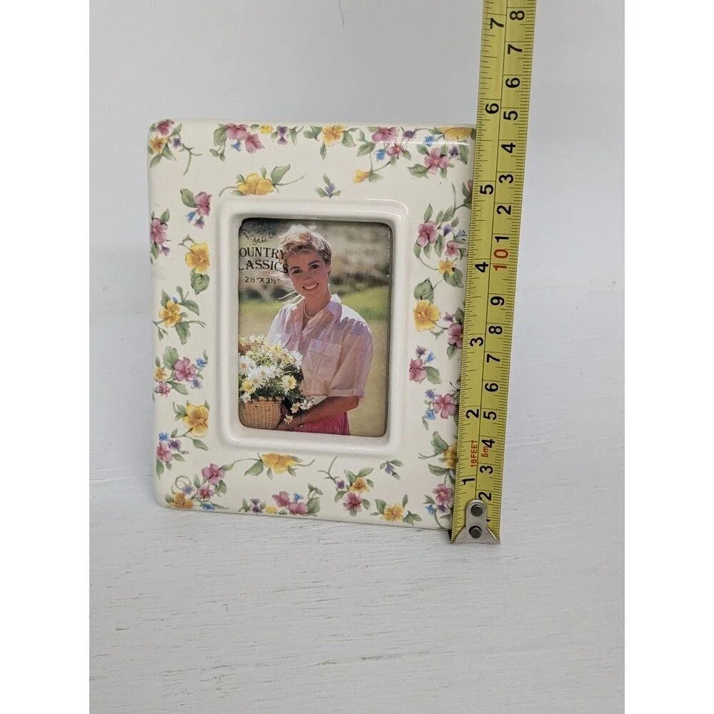 Vintage Floral White Ceramic Photo Picture Frame Country Roses Flowers Dainty